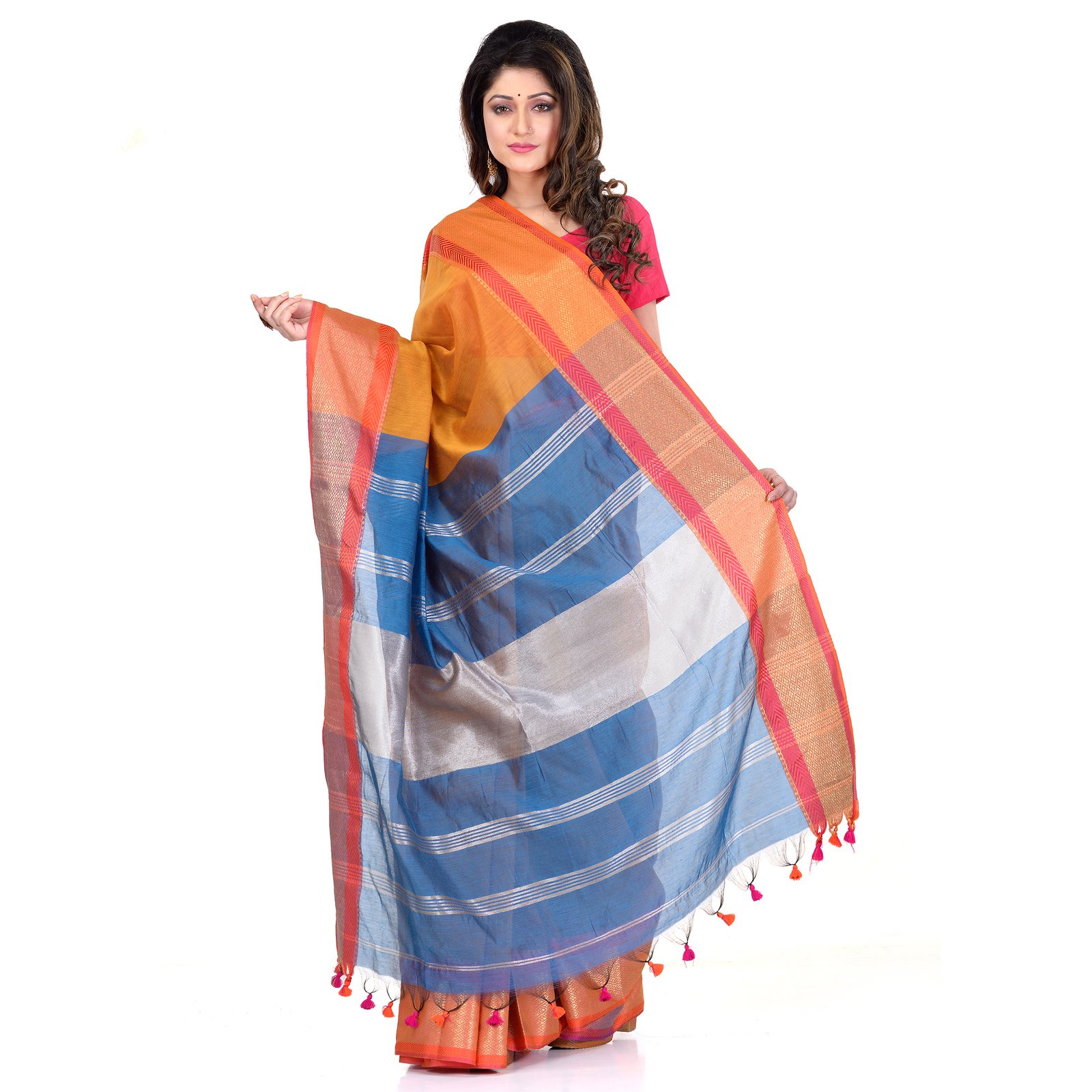 DESH BIDESH Women`s Handloom Cotton Silk Saree Jacquard Maheswari Design Zari Work With Blouse Piece(Yellow Blue)